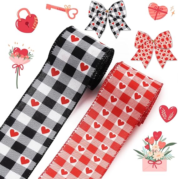 Hying 2 Rolls Valentine's Day Craft Ribbons for Wreath Bows, 2.5"10 Yards Love Heart Wired Edge Ribbons Red Black Buffalo Plaid Ribbons for Crafting Valentines Decorations Wedding Party Supplies