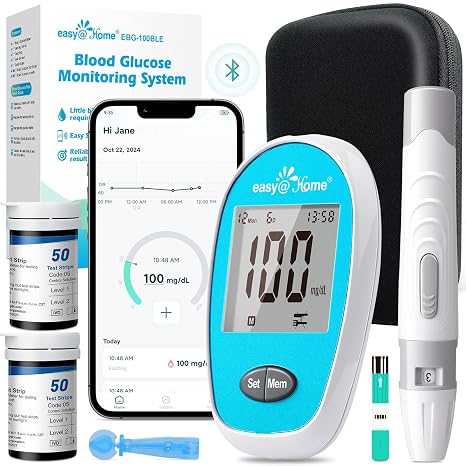 Easy@Home Wireless Glucose Monitor Kit - Blood Sugar Testing Kit with Free App GlucoseEase Includes 100 Glucometer Strips and 100 Blood Lancets, Large Display Diabetes Testing Kit | GlucoseEase App, Large Display, Includes 100 Glucometer Strips & 100 Blood Lancets