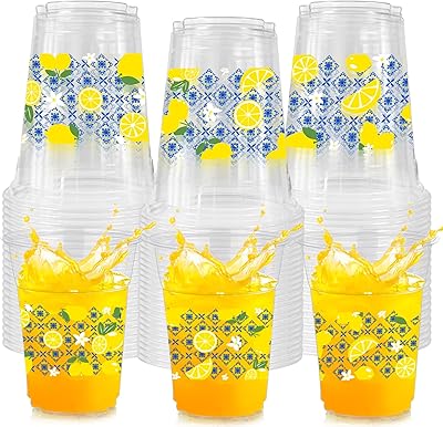 Capri 50-Pack Blue Tile Yellow 12oz Disposable Plastic Cups with Lemon for Parties, Weddings, Showers and More