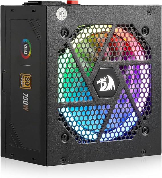 Redragon RGPS-750W 80+ Gold 750 Watt ATX Fully Modular Power Supply w/ 80 Plus Gold Certified, Compact 160mm Size & RGB Low Noise Smart-ECO 0 RPM Fan, 100% Japanese Capacitors, Full Mod Cables, Black