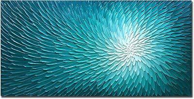AMEI Art, 24X48Inch Hand Painted Abstract Teal Blue Textured Oil Paintings Floral Artwork Acrylic Canvas Paintings Wall Art Wood Inside Framed Ready to Hang