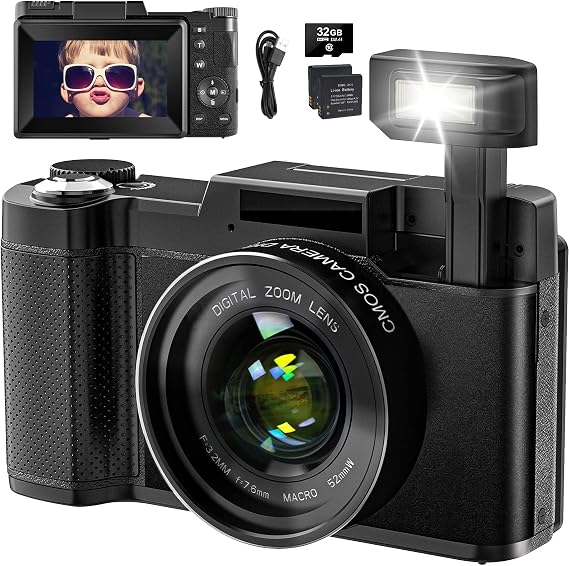 Digital Camera 4K 48MP Vlogging Camera for YouTube 16X Digital Zoom with Macro Function &Liftable Flash, Compact Camera for Photography 3’’ 180°Flip Screen, 32GB TF Card, 2 Batteries