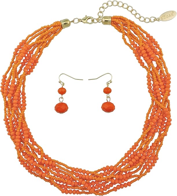 Bocar Multiple Strand Handmade Beaded Statement Collar Necklace Earrings Set for Women (NK-10602)