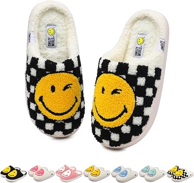 SMILEYWORLD Womens Mens Smiley Face SlippersComfy Warm Plush Slip On House ShoesRetro Funny Happy Smile Soft Memory Foam Slipper Indoor Outdoor