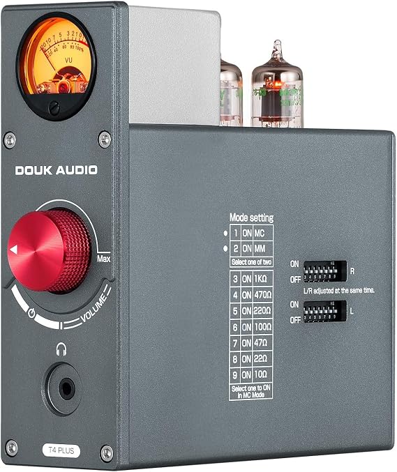 Douk Audio T4 PLUS HiFi JAN5654 Valve Tube Preamp MM/MC Phono Pre-Amplifier for Turntable Mini Stereo Preamp Headphone Amp w/VU Meter (Phono-Preamp)