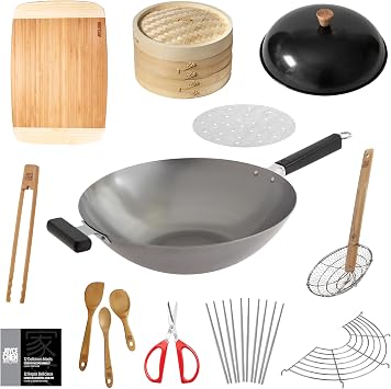JOYCE CHEN Professional Series Uncoated Carbon Steel 14-Inch Wok 12-Piece PFAS Free Cookware Set