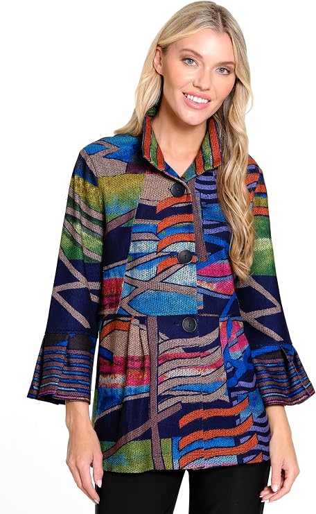 Ali Miles Women's Printed Brushed Knit Button Front Jacket Bell Sleeve Cuffs