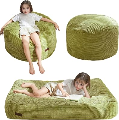 MAXYOYO Bean Bag Chair Bed for Kids, Convertible Bean Bag Folds from Lazy Chair to Floor Mattress Bed, Stuffed Floor Sofa Couch for Boys and Girls, Green