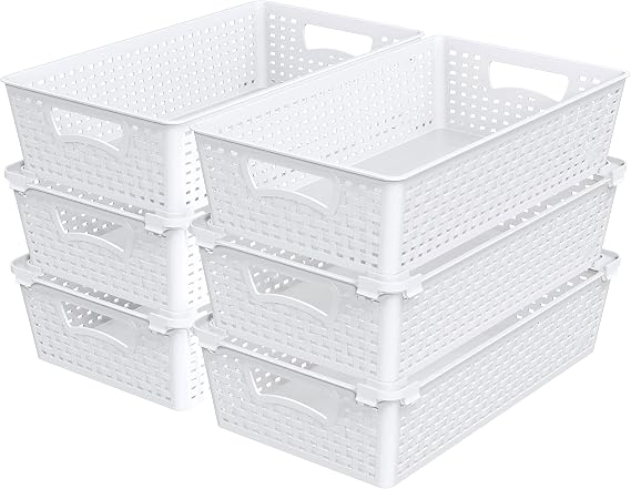 Simple Houseware Stackable Plastic Woven Basket Organizer, 6 Pack, White | 14.5" D x 8.5" W x 3.5" H