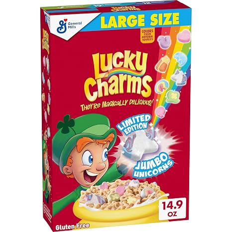 General Mills Lucky Charms Gluten Free Cereal with Magic Unicorn Marshmallows 15 oz Classic Marshmallow Molds Large Size 19g Whole Grain Good Calcium Source 12 Vitamins and Minerals