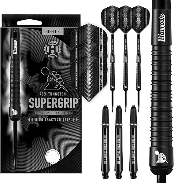 Harrows SUPERGRIP BLACK EDITION 90% Tungsten Steel Tip Darts Set. Available in 21g, 22g, 23g, 24g, 25g, 26g, 28g & 30g - Includes Supergrip Shafts & Supergrip Flights