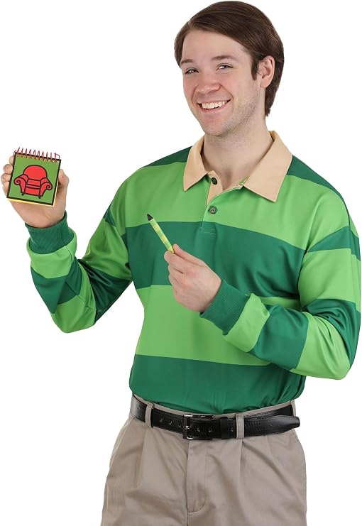 Adult Blue's Clues Steve Costume with Iconic Green Striped Shirt, Notepad, and Crayon for Halloween Cosplay Fun