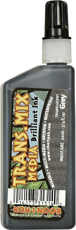 Koh-I-Noor Translucent Mix Media Pigment-Based Drawing Ink, 0.75 Oz. Bottle, Grey (9065F.GRE)