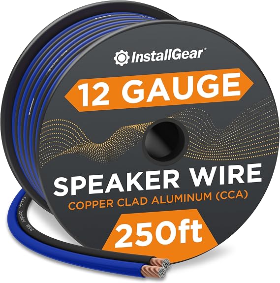 InstallGear 12 Gauge Speaker Wire 250ft Roll - Flexible - 12 Gauge Wire for Car Audio & Home Theater, Stereo, Outdoor Use - Copper Clad Aluminum, Blue and Black Jacket