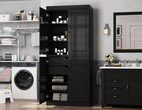 Palace Imports Solid Wood 2-Drawer Pantry Cabinet with 4 Doors for Bathroom Storage, Black, 32" W x 71.5" H, 100% Renewable Eco-Friendly, Made in Brazil
