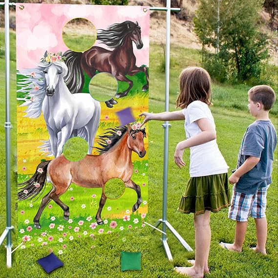 Horse Toss Games with 3 Bean Bags Pink - Horse Birthday Party Games Include Horse Toss Game Banner and Bean Bags for Teens Adults, Western Cowgirl Theme Birthday Party Indoor Outdoor
