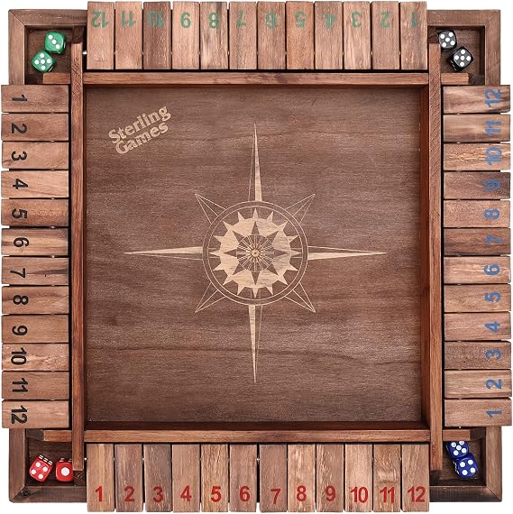 Sterling Games 12 Inches Shut The Box Game for 4 Players, Family Dice Game with 12 Numbers Box, Nautical Themed Large Wooden Game Board
