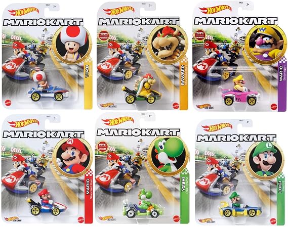Hot Wheels Mario Kart DieCast Car Bundle 6Pack with Mario, Luigi, Yoshi, Toad, Bowser, Wario | 1:64 Scale, Display-Ready GBG25-957G