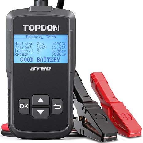 TOPDON BT50 Car Battery Tester, 12V, 100-2000 CCA Load Tester | Digital Battery and Alternator Tester for Cranking and Charging Systems, Auto Analyzer for Cars, Trucks, SUVs and Motorcycles
