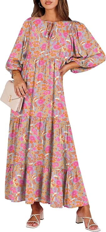 ANRABESS Womens Boho Floral 3/4 Puff Sleeve Maxi Dress