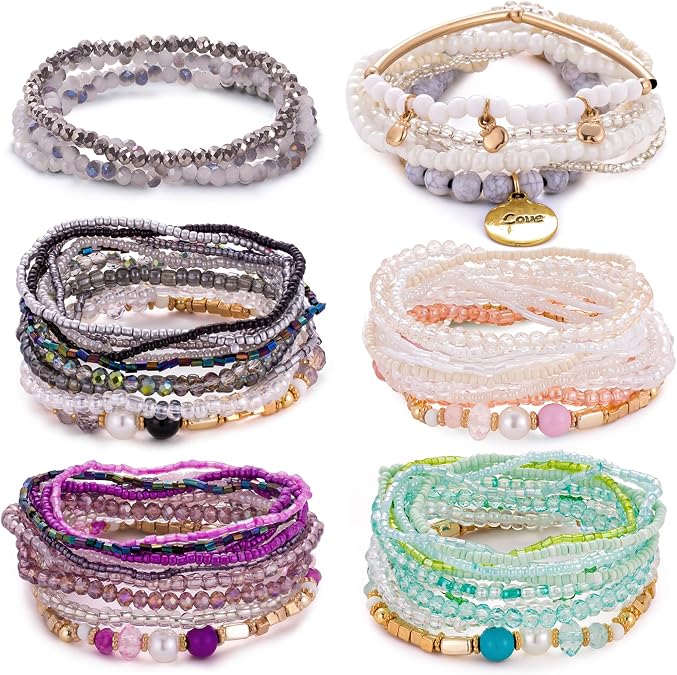 RIOSO Bohemian Stackable Bead Bracelets for Women Stretch Beaded Stacking Boho Bracelet Sets