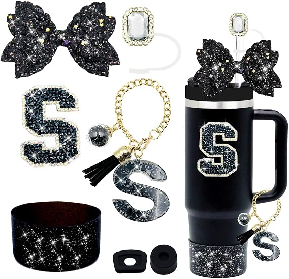 7PCS Black Stanley Cup Accessories Set, Initials Decorations for Stanley Cup 30oz 40oz, Includes Jewel Straw Topper,Spill Proof Stopper, Handle Charm,Sparkly Silicone Boot,Letter Sticker,Bow (Black S)