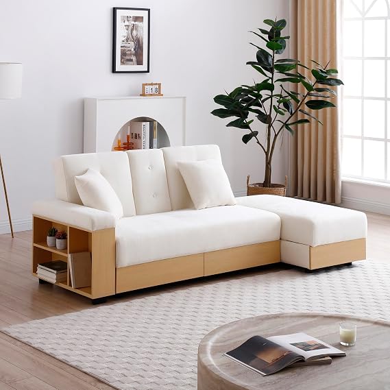 Convertible Sleeper Sofa with Storage Ottoman, Fold-Out Table & Cup Holders - Multi-Functional Design for Living Room, Apartment, Office & Small Spaces,Beige
