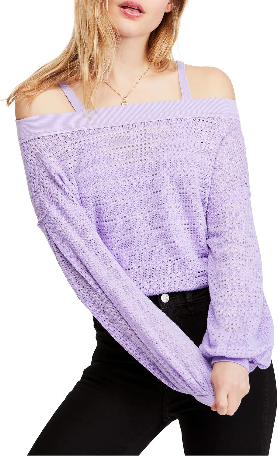 Free People Womens Sistine Hacci Knit Cold Shoulder Pullover Sweater Purple L