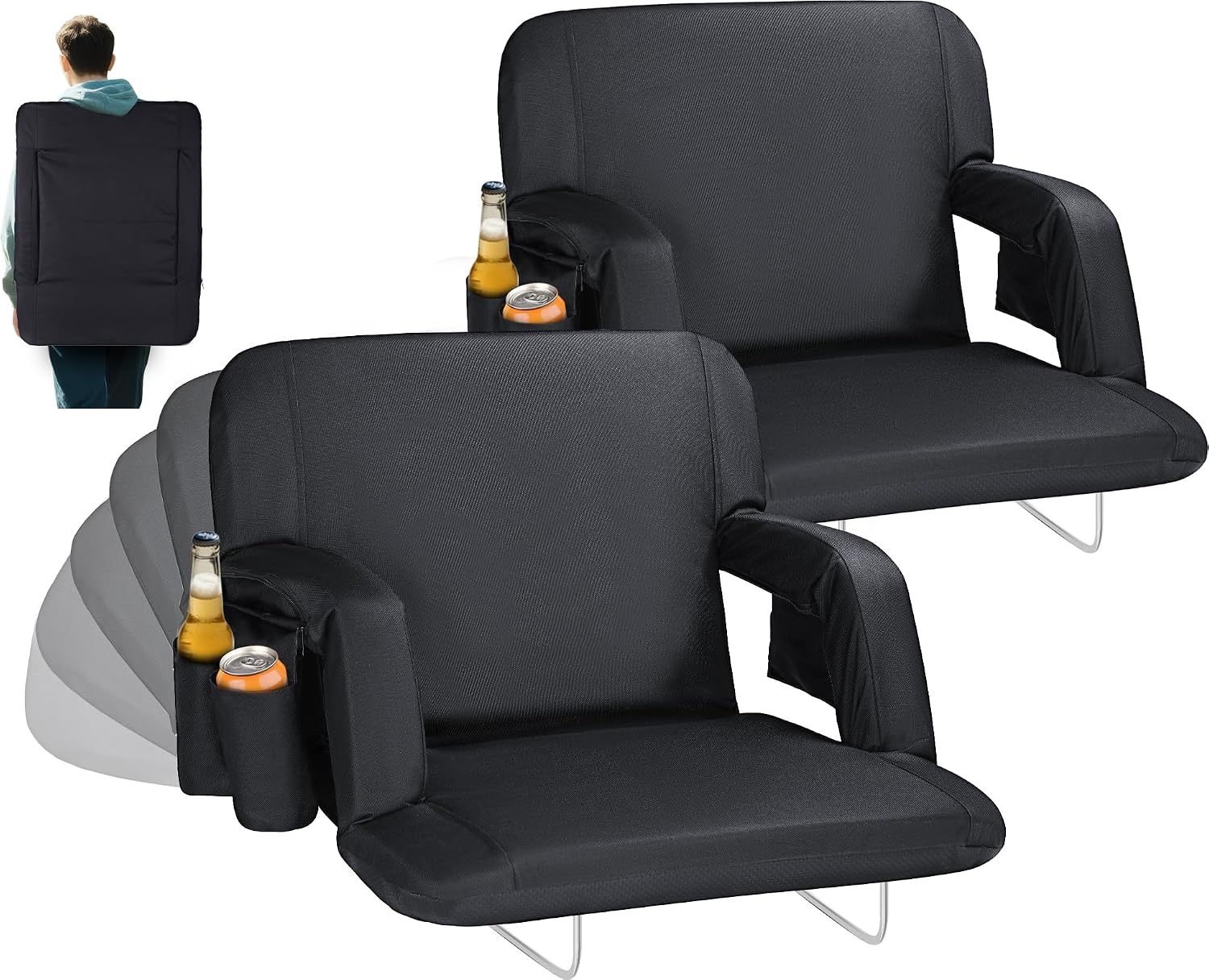 Extra Wide Stadium Seats with Back Support,25 Wide 2 Pack Padded Reclining Bleacher Chairs with Back and Cushion,6 Reclining Positions,2 Steel Bleacher Hooks,Side Pockets & Cup HoldersBlack