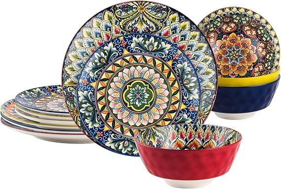 Henten Home Ceramic 12 Pieces Dinnerware Sets, Bohemia Dinner Plates, Soup Bowls, Porcelain Dinnerware Set for 4, Microwave & Dishwasher Safe, Scratch Resistant