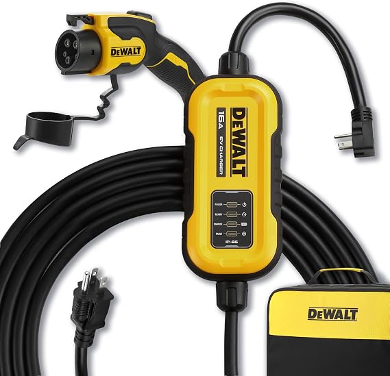 DEWALT Level 1 & 2 Portable EV Charger, 16 Amps, 120-240V, 25 Ft. Cable | CSA certified, indoor/outdoor use, NEMA 6-20 plug with 5-15 adapter included