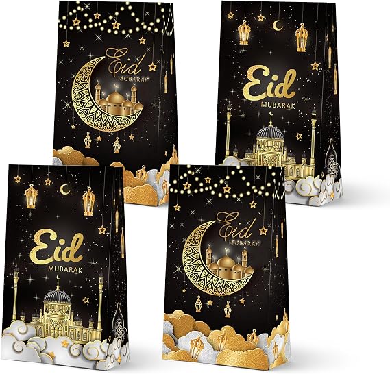 KALEFO 24 PCS Eid Mubarak Favor Gift Bags Ramadan Muslim Party Supplies Goodie Treat Bags for Candy Table Decorations Eid Birthday Celebrations Black
