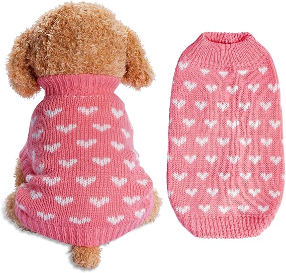 Dxhycc Dog Knitted Sweater Heart Puppy Sweater Warm Soft Pet Holiday Clothes for Small Cats and Dogs (Pink, S)