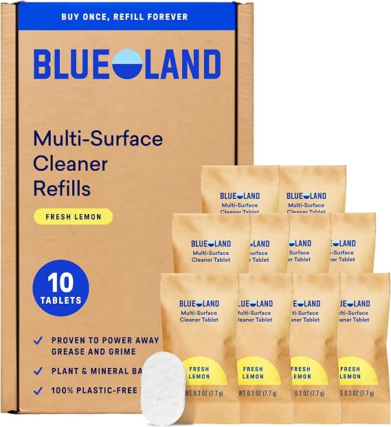 BLUELAND Multi-surface Spray Cleaner, 10-Pack Refill, Fresh Lemon | 100% Plastic-Free Tablet, EPA Safer Choice Certified, Free from Ammonia, PFAS & Microplastics, Safe on Glass, Stone, Wood
