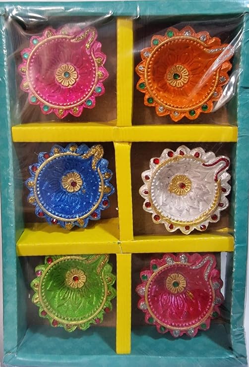 Traditional Decorative Colorful Diya (Set of 6) – Handcrafted Clay Lamps for Puja, Festivals, Diwali & Home Decoration (Pack of 1) [Energy Class A]