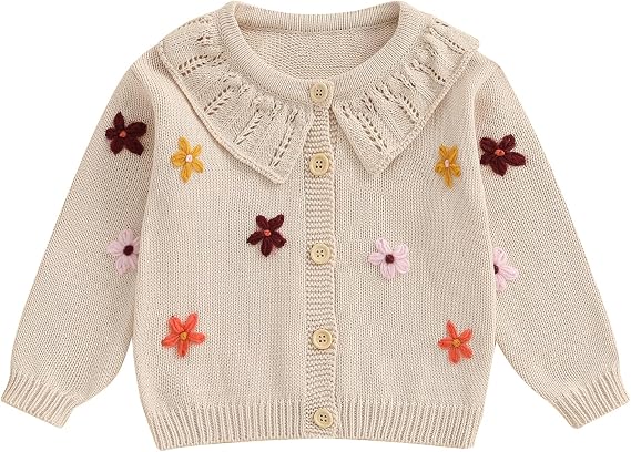 Toddler Baby Girl Sweater Cardigan Flower Embroidery Button Up Knitted Jumpers Pullovers Infant Winter Chunky Knitwear