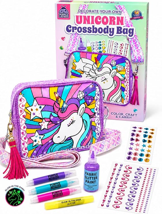 PURPLE LADYBUG Decorate Your Own Unicorn Crossbody Bag - Unicorn Gift for Girls Craft Kit - 6 Year Old Girl Gifts - Creative Birthday Presents for 5 6 7 8 9 10 Years Old Girl Gifts