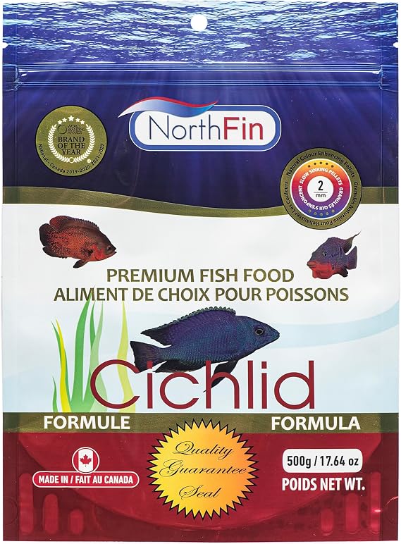 Northfin Cichlid Formula Fish Food Slow Sinking Pellets for Cichlids (2mm, 500g) | Premium High-Protein, All-Natural Cichlid Diet to Enhance Color & Growth No Fillers, No Hormones, Made in Canada
