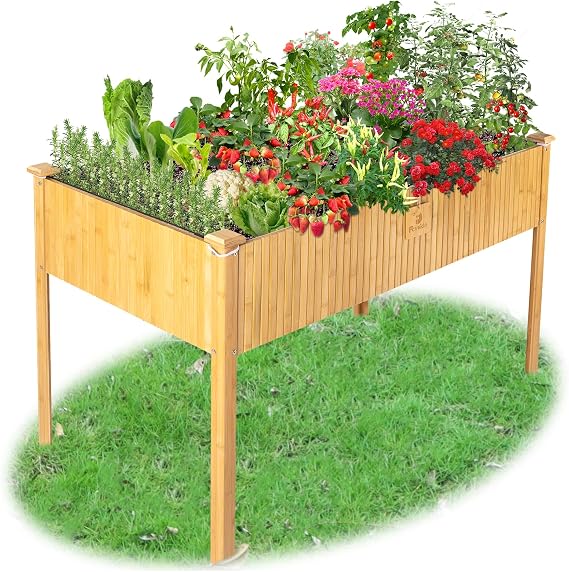 Raised Garden Bed, 48x25x30 Inch Raised Bed, Elevated Bamboo Planter Box with Legs, Standing Growing Bed for Growing Fresh Herbs, Vegetables, Succulents, Flowers