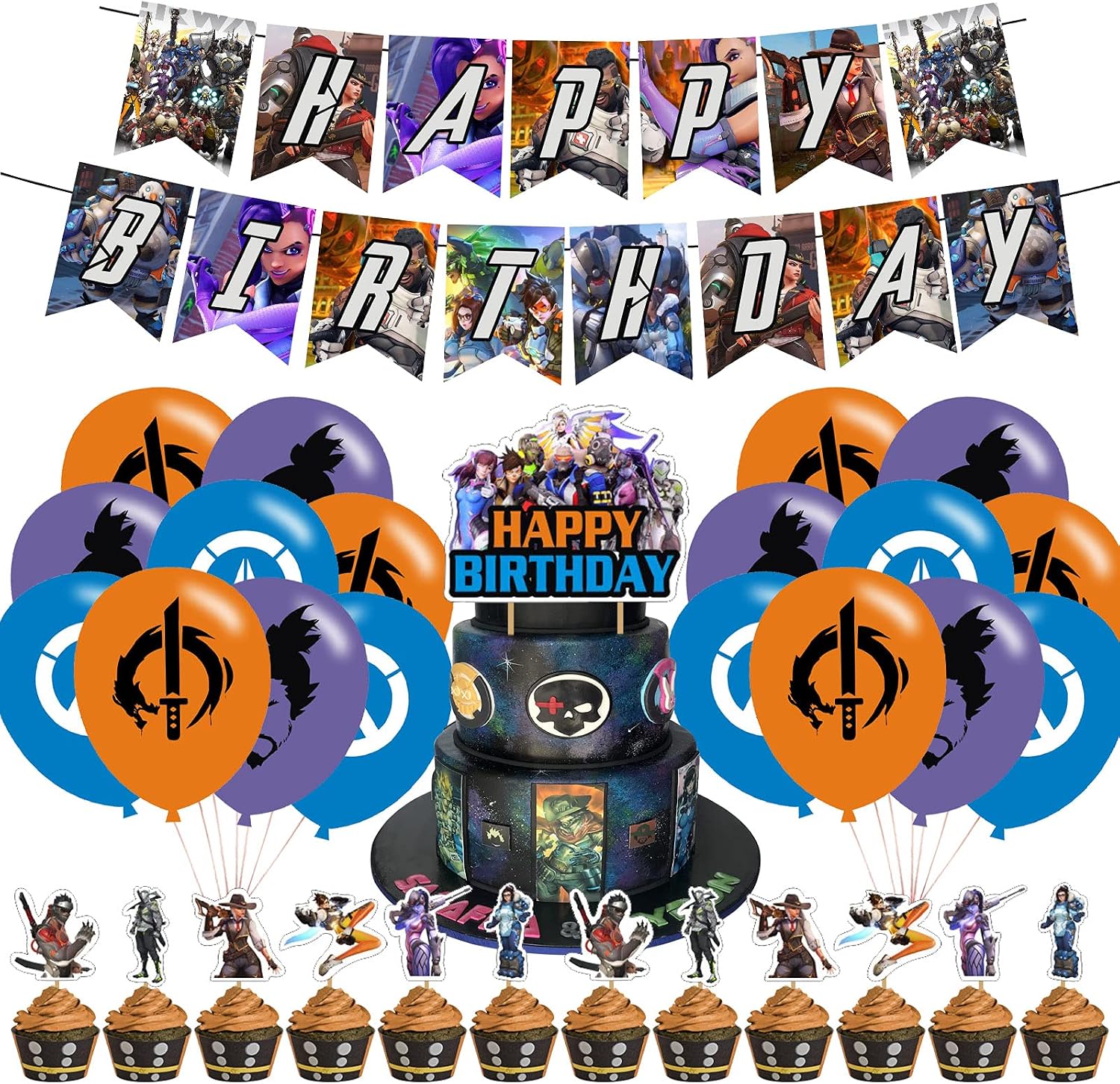 Overwatch Theme Birthday Party Decorations,Overwatch Video Game Party Supply Set for Kids with Happy Birthday Banner ,Cupcake Toppers, Balloons for Party Decorations