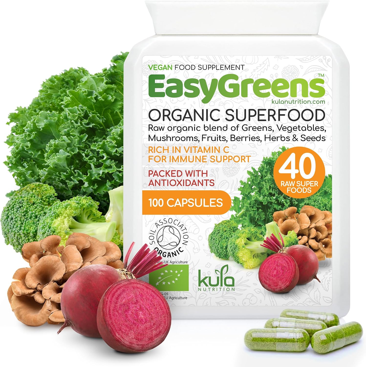 EasyGreens - Organic Greens Superfood Capsules – 100 Vegan Capsules - Soil Association Certified Natural Vitamin and Mineral - 40 Raw Greens, Fruits, Vegetables, Mushrooms, Sprouts, Seeds and Herbs