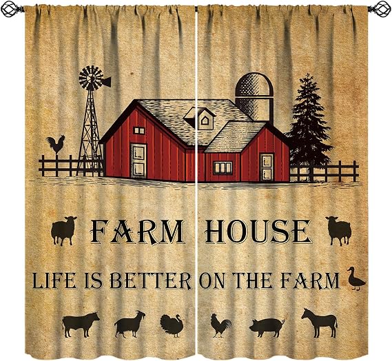 Rustic Farm Window Curtains,Retro Windmill Old Style Farmhouse Red House Tree Sawyer Mill Primitive Vintage Western Farm Country Animal Print Pattern Blackout Drapes for Kitchen,Tan Black 42x45 Inch
