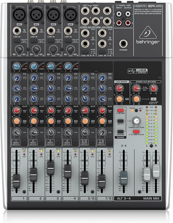 Behringer XENYX 1204USB Premium 12-Input 2/2-Bus Mixer with XENYX Mic Preamps and Compressors, British EQ and USB/Audio Interface | 12-input analog mixer with 2-bus output and USB interface for recording, podcasting and live sound
