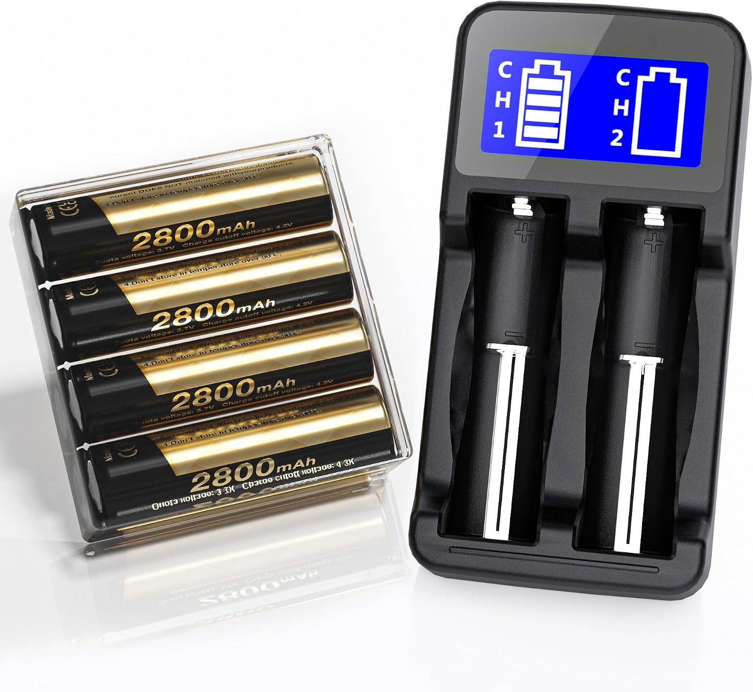 4 Pack 3.7 V 18650 Rechargeable Battery Flat top with Charger, 18650 Lithium-ion Rechargeable Battery Set