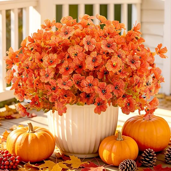 AmyHomie 16 PCS Artificial Fall Flowers for Outdoors, Orange Fake Mums
