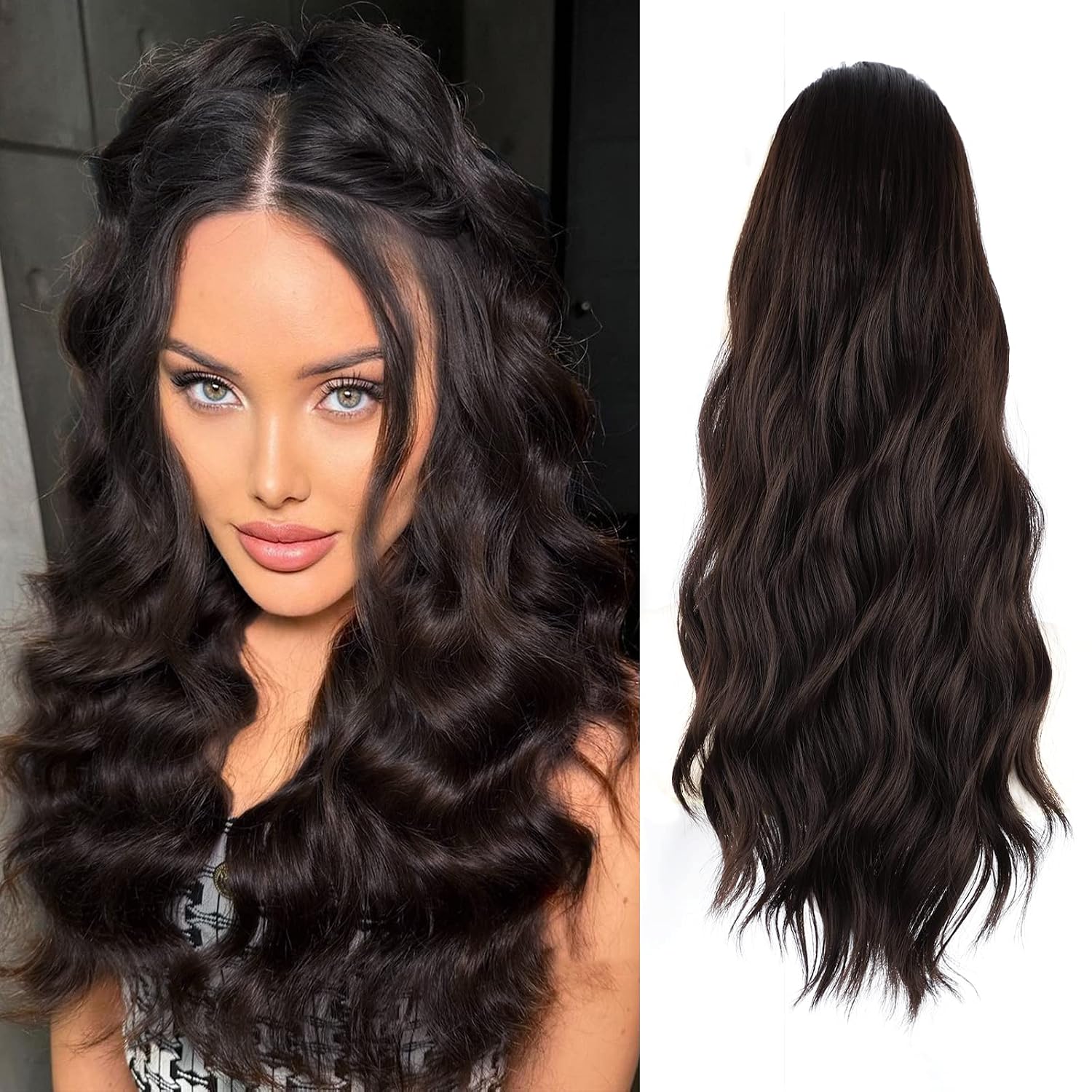 Ponytail Extension, Drawstring Ponytail Extensions 22 Inch Long Curly Wavy Pony Tail Hair Extensions Wavy Synthetic Hairpiece for Women Daily Use22Inch, Dark Brown