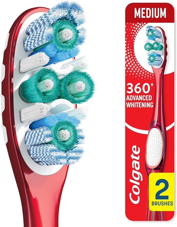 Colgate 360 Optic White Advanced Adult Whitening Toothbrush, Medium, 2 Pack | Medium Spiral Bristles Polish Away Surface Stains, Cheek and Tongue Cleaner, Whitens Teeth, Removes Odor Causing Bacteria