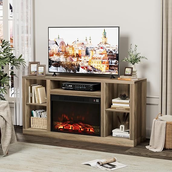 Furniwell Fireplace TV Stand for 65 Inch TV, Media Entertainment Center Console Table with 26" Electric Fireplace, Farmhouse TV Stand with Storage Cabinet for Living Room (Natural)