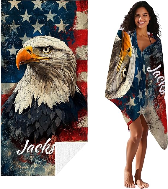 JML Personalized Custom Beach Towel, Bald Eagle, Printed in USA, 35 x 70 inches, Quick Dry & Absorbent Customized Microfiber Swim Towel for Women Men Summer Holiday, Pool Party, Birthday, Anniversary