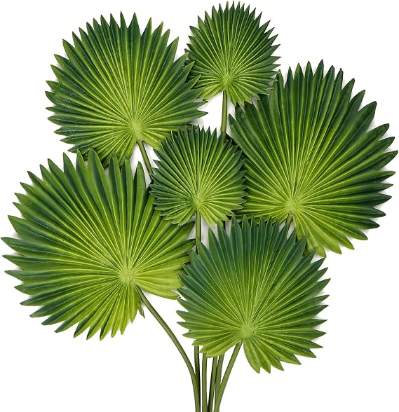 Briful Artificial Plant Pack of 6 Palm Leaves Green Tropical PU Artificial Leaves with Flexible Stem Palm Fronds for Flower Arrangement Home Garden Party Office Decoration